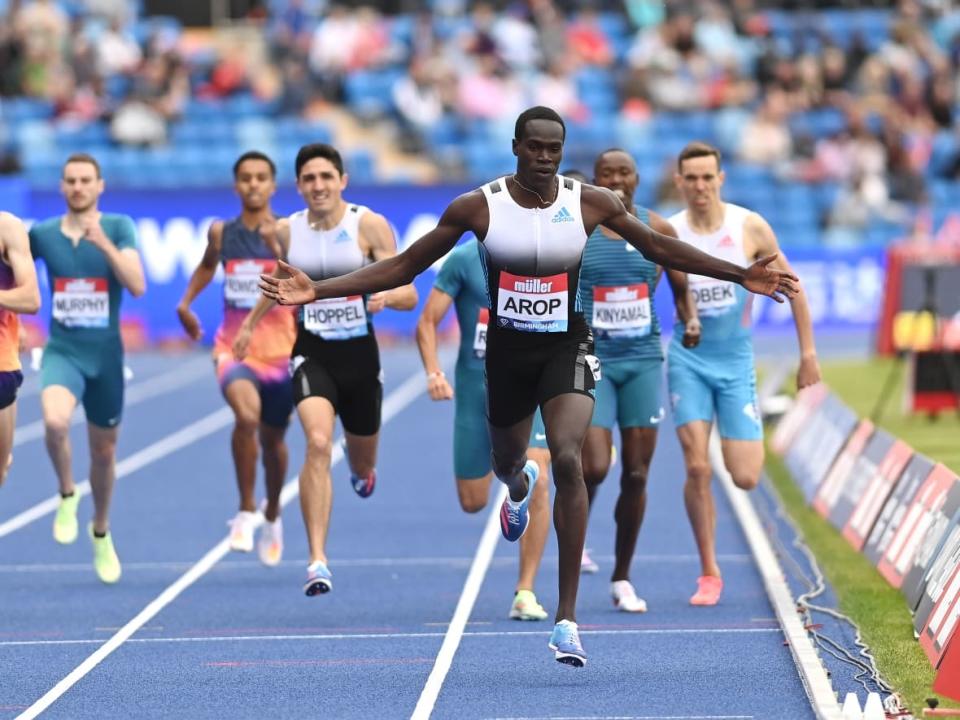 Marco Arop crosses the finish line first in the 800 metres during the Muller Birmingham Diamond League event in May. (Getty Images - image credit)