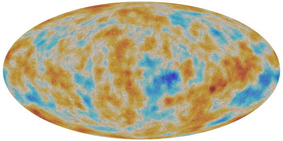 A visualization of the Cosmic Microwave Background, or CMB: the oldest light in our universe, imprinted on the sky when the 13.8-billion-year-old universe was just 380,000 years old. The swirls in the image are polarization, or changes in the o
