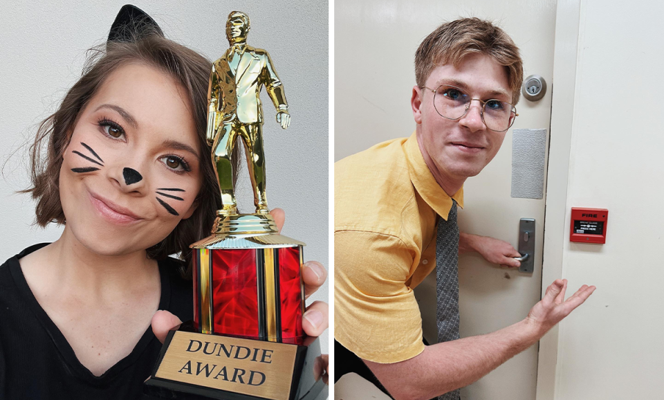 Bindi and Robert Irwin dressed as characters from The Office.