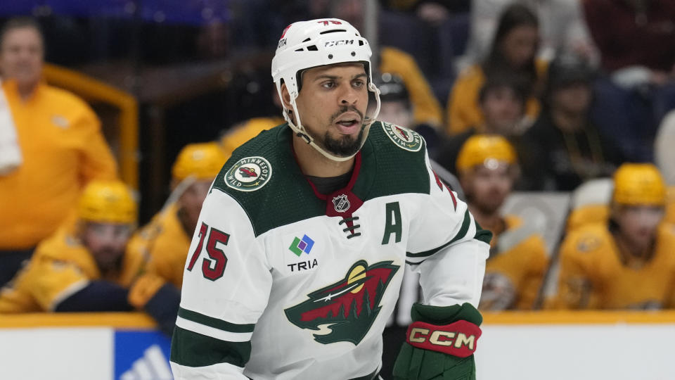 FILE - Minnesota Wild right wing Ryan Reaves plays against the Nashville Predators during an NHL hockey game Thursday, April 13, 2023, in Nashville, Tenn. Reaves is signing a $4.05 million, three-year contract with the Toronto Maple Leafs, according to a person with knowledge of the deal, Saturday, July 1. The person spoke to The Associated Press on condition of anonymity Saturday because it had not been announced.(AP Photo/Mark Humphrey)