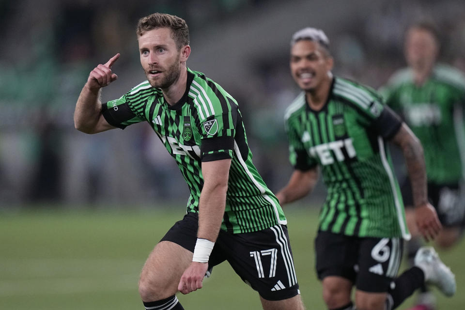 Austin FC forward Jon Gallagher (17) celebrates after his goal against St Louis City SC during the second half of an MLS soccer match in Austin, Texas, Saturday, Feb. 25, 2023. (AP Photo/Eric Gay)