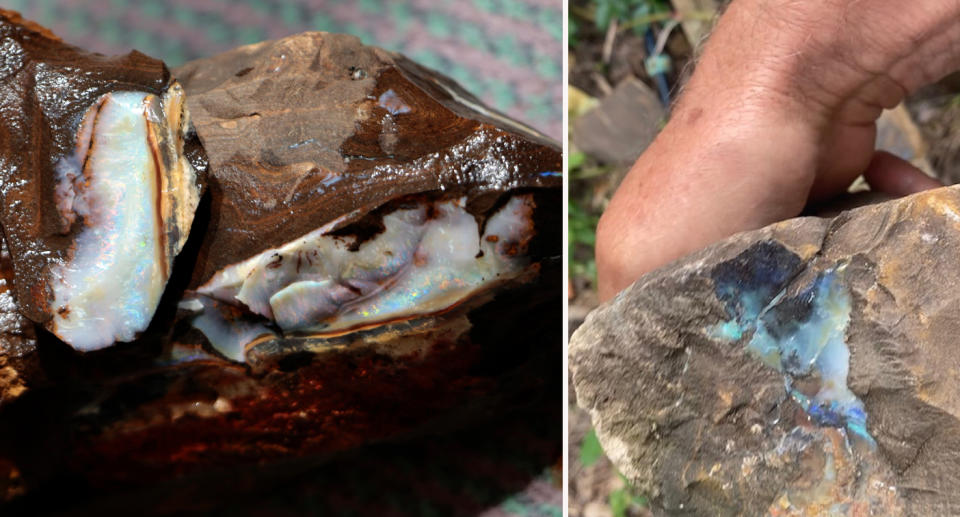 The ironstone features a unique red vein, the rarest kind of opal. It also has more blue colouring throughout. Source: Wayne Sedawie/Opal Auctions