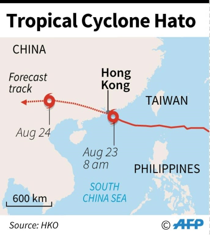 Map showing the path of Tropical Cyclone Hato as it battered Hong Kong Wednesday