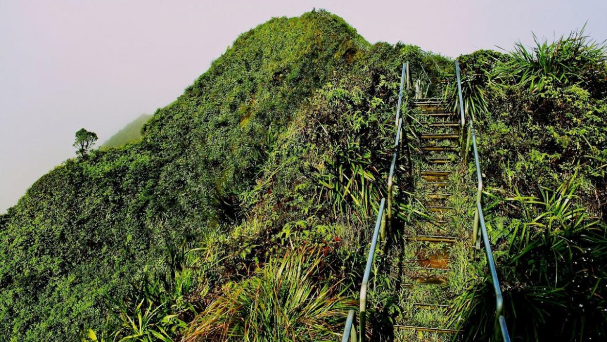 view of lush greenery and Haiku Stairs on Oahu island in Hawaii