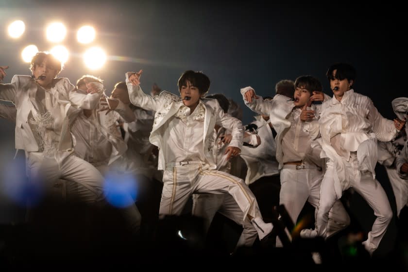 PASADENA, CALIF. - MAY 04: Seven member South Korean K-pop boy band BTS performs on stage at The Rose Bowl on Saturday, May 4, 2019 in Pasadena, Calif. (Kent Nishimura / Los Angeles Times) NOTE: NO SOCIAL MEDIA USE For Info on this, contact Hal Wells.