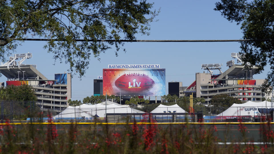 Raymond James Stadium, the site of NFL football Super Bowl LV, is shown Thursday, Jan. 28, 2021, in Tampa, Fla. The Tampa Bay Buccaneers play the Kansas City Chiefs on Feb. 7. (AP Photo/Chris O'Meara)