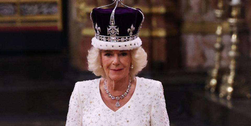 london, england may 06 queen camilla stands after being crowned by archbishop of canterbury justin welby during her coronation ceremony in westminster abbey, on may 6, 2023 in london, england the coronation of charles iii and his wife, camilla, as king and queen of the united kingdom of great britain and northern ireland, and the other commonwealth realms takes place at westminster abbey today charles acceded to the throne on 8 september 2022, upon the death of his mother, elizabeth ii photo by richard pohle wpa poolgetty images