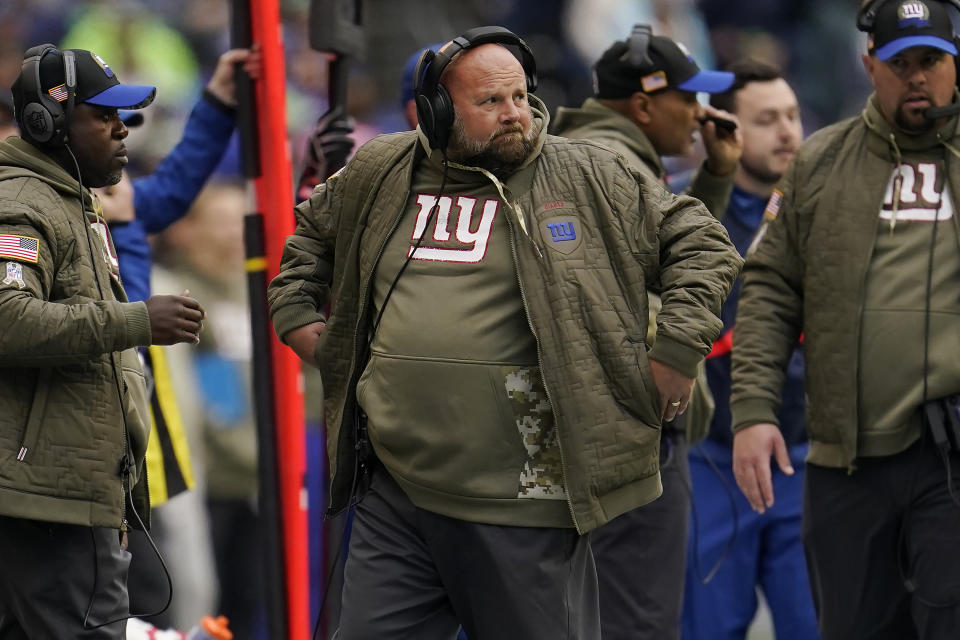 New York Giants head coach Brian Daboll watches from the sideline during the first half of his team's NFL football game against the Seattle Seahawks in Seattle, Sunday, Oct. 30, 2022. (AP Photo/Marcio Jose Sanchez)