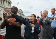 Rep. Mondaire Jones, Rep. Ocasio-Cortez and Senate Majority Leader Schumer celebrate White House decision on eviction moratorium in Washington