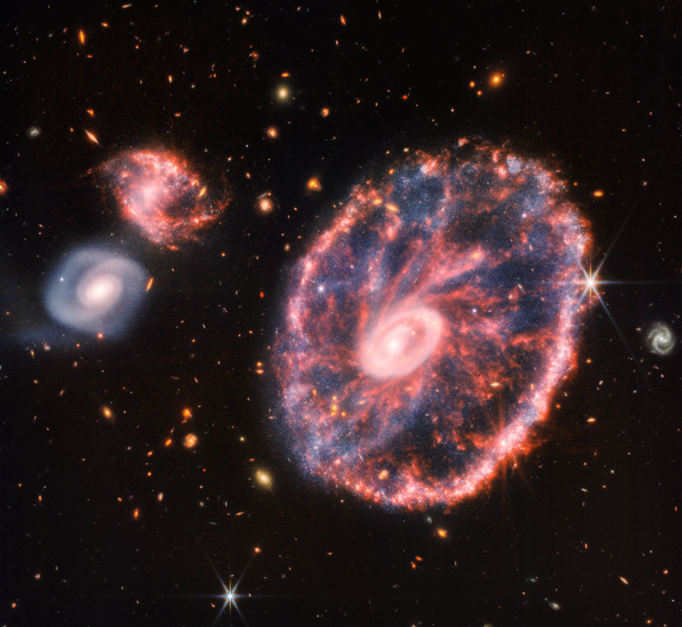 Imagen de la Rueda de Carro y sus galaxias compañeras es una composición de la Cámara del Infrarrojo Cercano (NIRCam) y del Instrumento del Infrarrojo Medio (MIRI) de Webb. Esta galaxia se formó como resultado de una colisión a gran velocidad que ocurrió hace unos 400 millones de años. <a href="https://webbtelescope.org/contents/media/images/2022/039/01G8JXN0K2VBQP112RNSQWTCTH" rel="nofollow noopener" target="_blank" data-ylk="slk:NASA, ESA, CSA, STScI, Webb ERO Production Team" class="link ">NASA, ESA, CSA, STScI, Webb ERO Production Team</a>