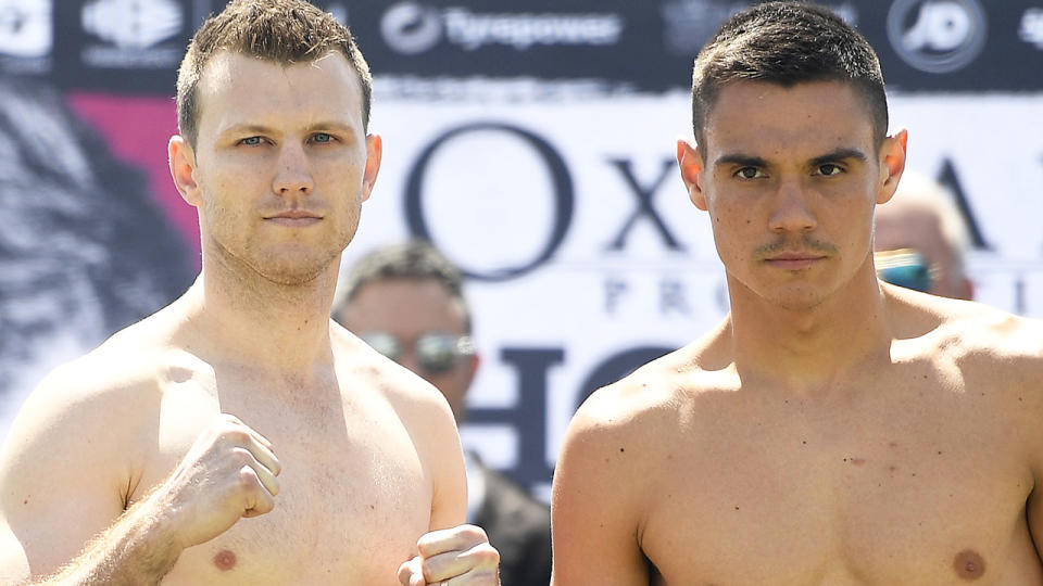 Jeff Horn and Tim Tszyu are pictured after the weigh-in for their super welterweight bout.