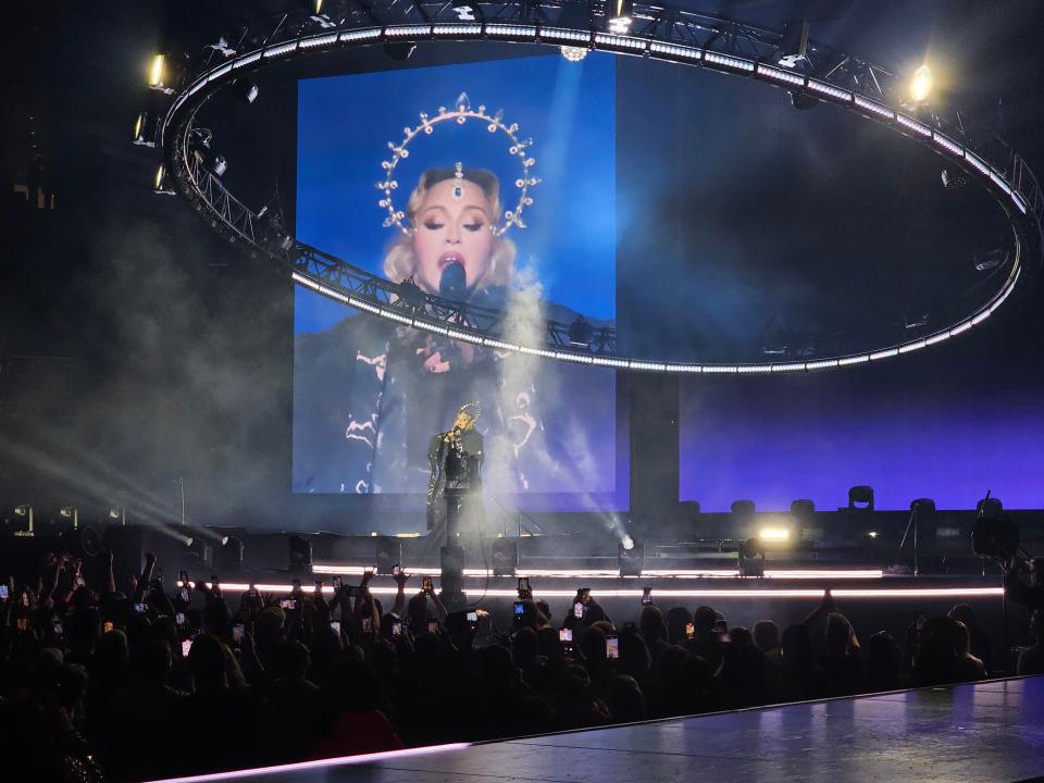 Madonna opens her show at Detroit's Little Caesars Arena on Jan. 15, 2024.