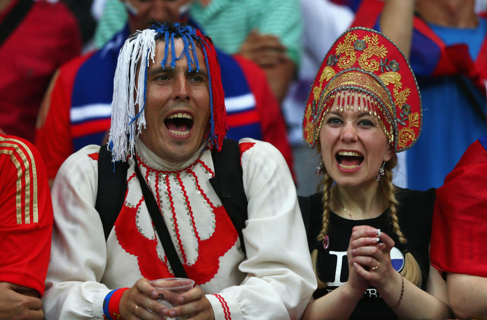 WARSAW, POLAND - JUNE 16: Russian fans enjoy the atmosphere ahead of the UEFA EURO 2012 group A match between Greece and Russia at The National Stadium on June 16, 2012 in Warsaw, Poland. (Photo by Michael Steele/Getty Images)