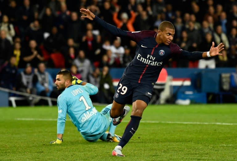 Paris Saint-Germain's forward Kylian Mbappe celebrates after scoring the team's second goal on September 17, 2017