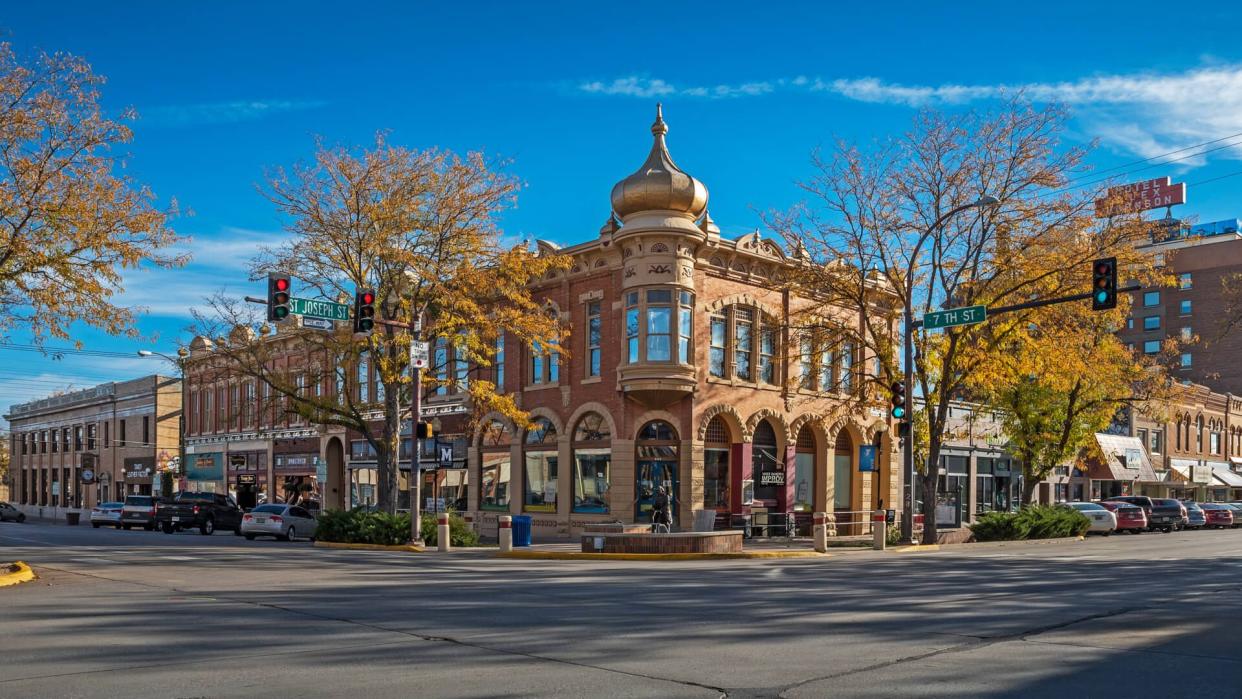 Rapid City, South Dakota, USA - October 06, 2018:  Street scene of downtown Rapid City with buildings and businesses.