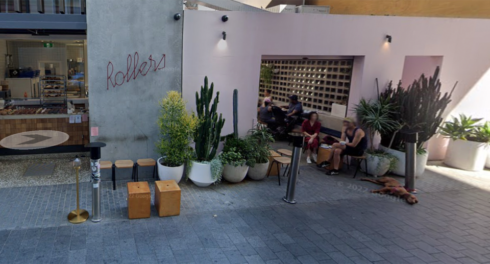 A street view shows the bakery's seating is behind protective bollards. Source: Google Maps. 