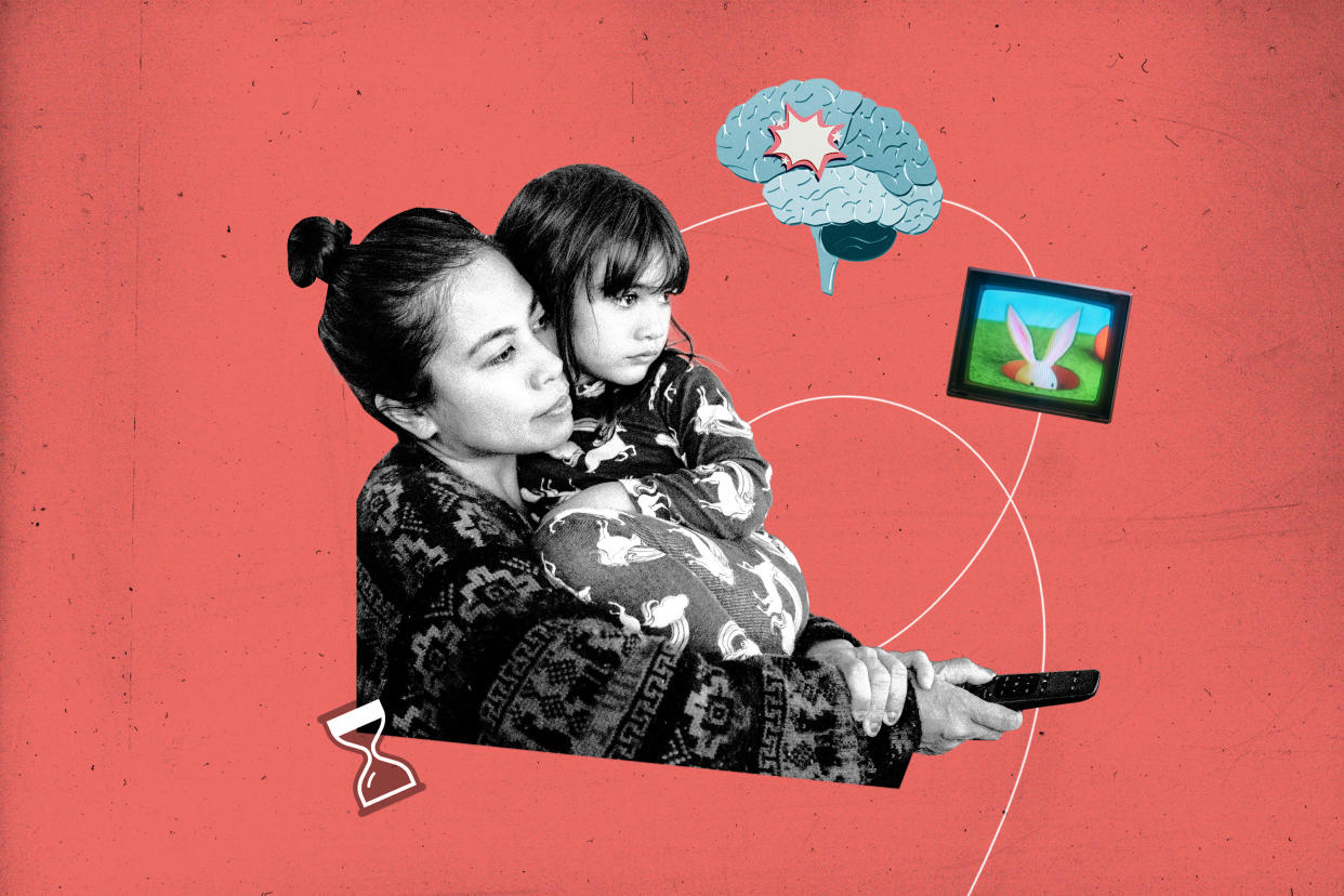 Photo illustration of a mother holding her young daughter in one arm and with a remote control in the other hand, suggestive of the effect too much screen time has on the brain of a child