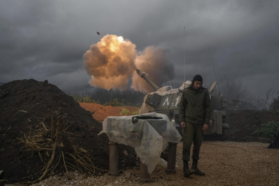 An Israeli mobile artillery unit fires a shell from northern Israel towards Lebanon, Thursday, Jan. 11, 2024. (AP Photo/Leo Correa)