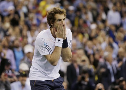 Britain's Andy Murray reacts after beating Serbia's Novak Djokovic to win his first major title at the 2012 U.S. Open (AP Photo/Charles Krupa)