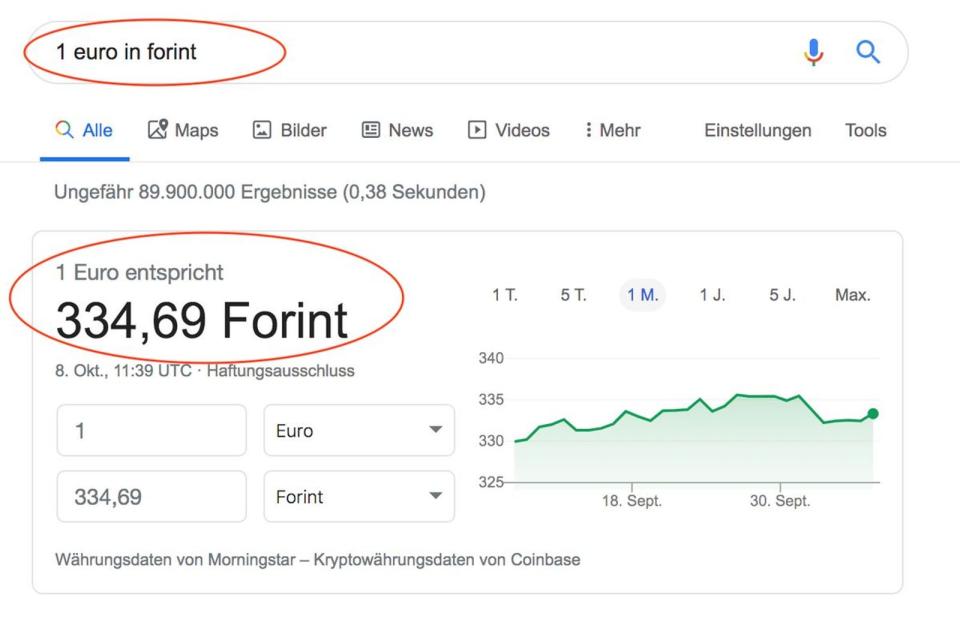 Google Chrome kann außerdem zum praktischen Währungsrechner werden. So können Sie zum Beispiel in die Suchleiste "1 Euro in Forint" eingeben und Sie sehen sofort den aktuellen Umrechnungskurs. Das kann im Urlaub sehr nützlich werden. Wenn es ganz schnell gehen soll: Sowohl beim Taschenrechner, Einheitenrechner und Währungsrechner erscheint die Lösung als Vorschlag in der Adressleiste noch bevor Sie "Enter" drücken.