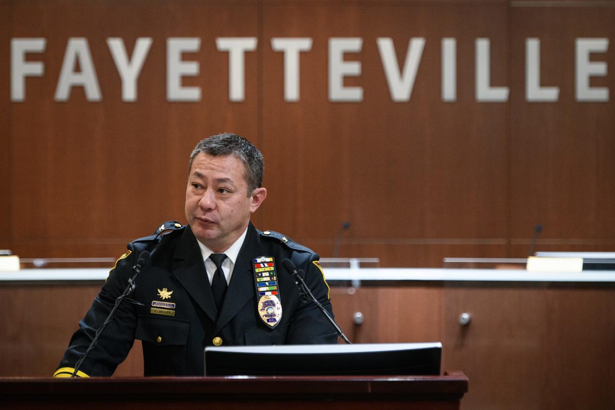 Assistant Chief Kemberle Braden talks to the media after being named as the new Fayetteville Police Chief during a press conference at city hall on Wednesday, Dec. 28, 2022.