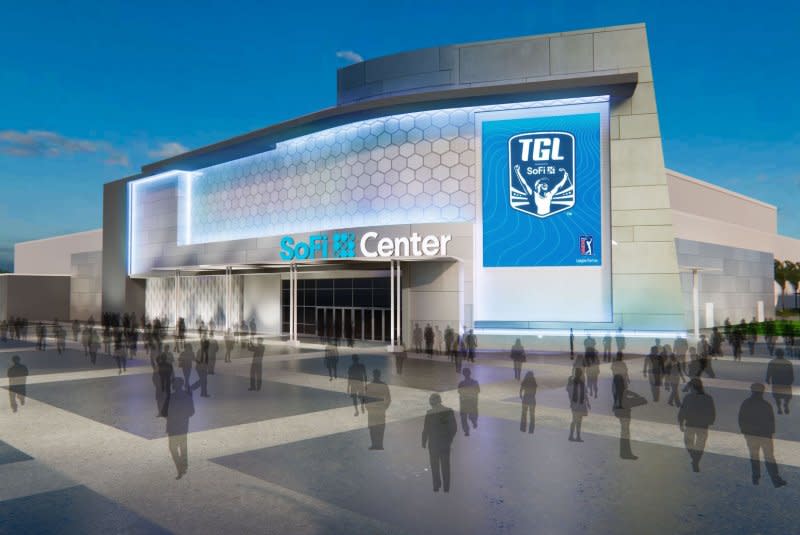 A rendering of fans walking in front of SoFi Center is shown in 2024 at the Palm Beach State College in Palm Beach Gardens, Fla. Photo courtesy of TGL presented by SoFi