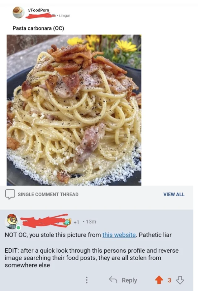 someone using reverse google images to find out a Reddit poster is taking credit for food photos that aren't theirs