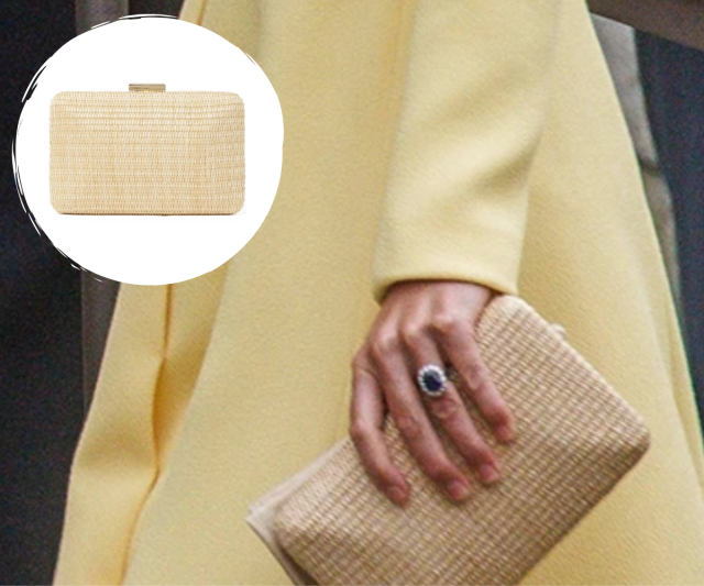 a close up image of the duchess holding a woven beige clutch with her sapphire and diamond engagement ring clearly visible. Inset: the close up of the clutch purse.