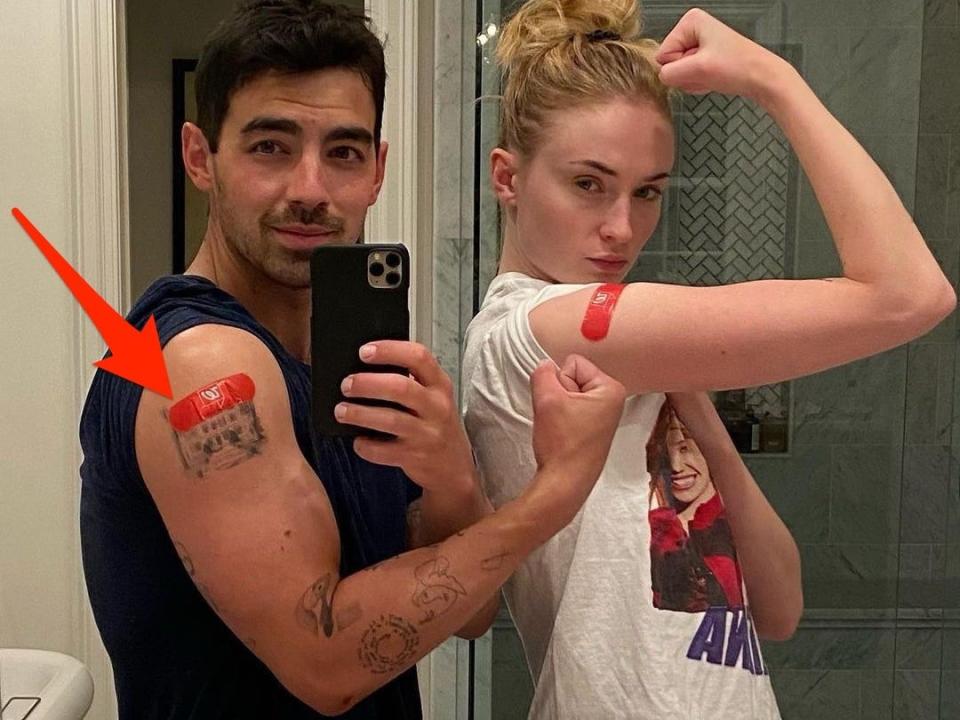 joe jonas arm tattoo vaccine selfie