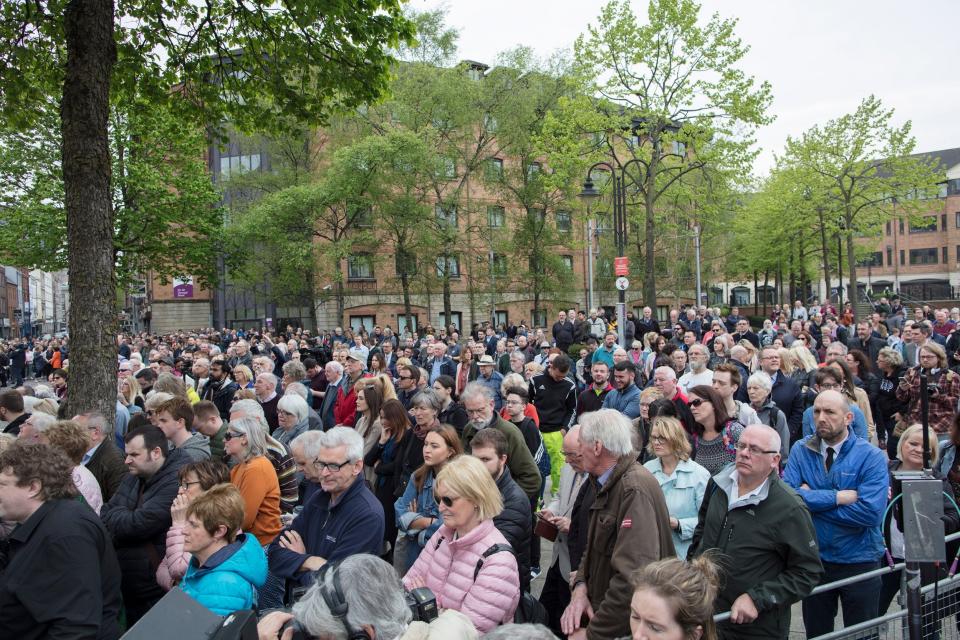 Attendees arrive for the funeral of Lyra McKee in St Anne's Cathedral in Belfast. (EPA)