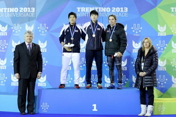 Yoan Gauthier wins Canada's first medal, a bronze in short track speed skating - Photo by Matteo Betttega via UniversiadeTrentino.org