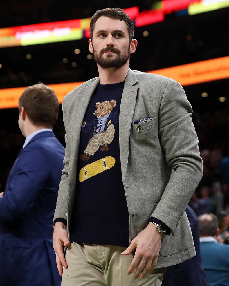 Kevin Love in the grail-level Ralph Lauren x Palace heelflip bear sweater.