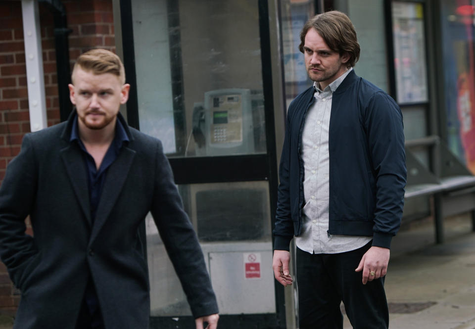 Gary Windass [MIKEY NORTH] confronts Ali Neeson [JAMES BURROWS] on the street and warns him to stay away from Maria.  (ITV Plc)