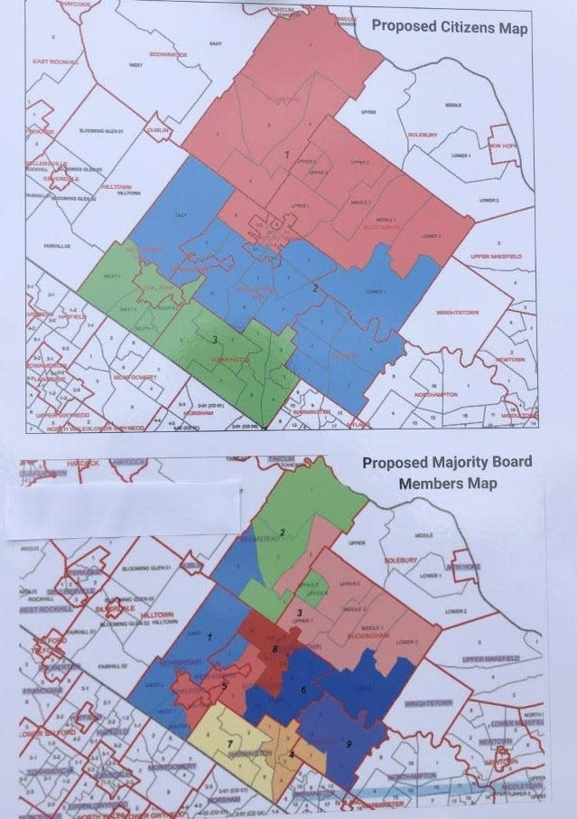 Top map shows redistricted Central Bucks School District  as proposed by CBSD Fair Votes group with three regions each having three school board members.  Bottom map shows district with nine individual regions represented by one member as proposed by the current school board.