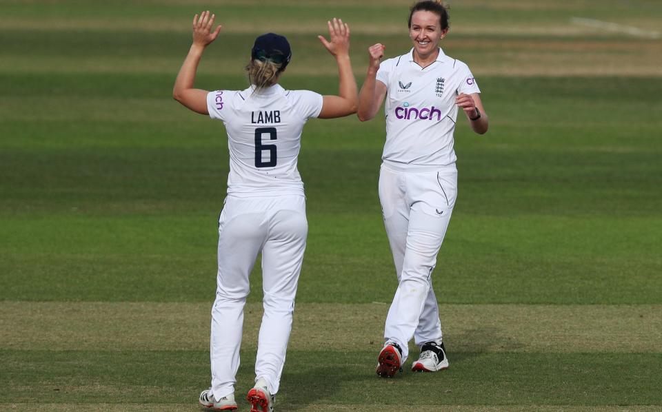 Kate Cross of England celebrates after bowling out Nonkululeko Mlaba of South Afric - GETTY IMAGES