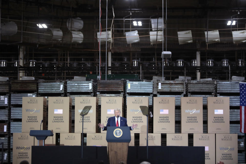 CLYDE, OHIO - AUGUST 06: U.S. President Donald Trump speaks to workers at a Whirlpool manufacturing facility on August 06, 2020 in Clyde, Ohio. Whirlpool is the last remaining major appliance company headquartered in the United States. With more than 3,000 employees, the Clyde facility is one of the world's largest home washing machine plants, producing more than 20,000 machines a day. (Photo by Scott Olson/Getty Images)