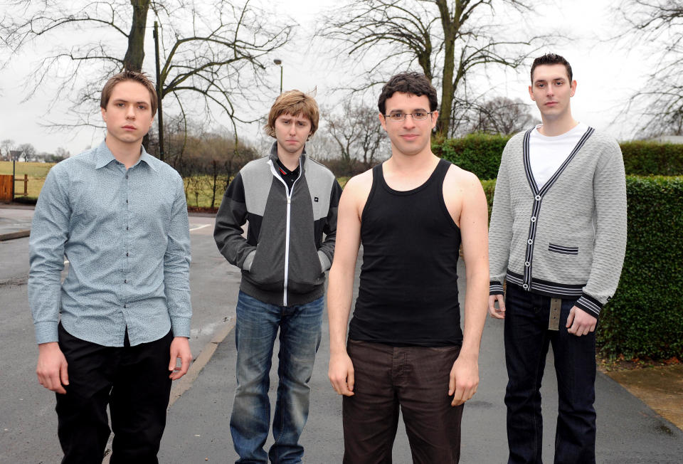 (From left to right) Joe Thomas who plays Simon Cooper, James Buckley who plays Jay Cartwright, Simon Bird who plays Will McKenzie and Blake Harrison who plays Neil Sutherland, during the filming of the forthcoming E4 comedy series 'The Inbetweeners' in Bushey, Hertfordshire.   (Photo by Ian West - PA Images/PA Images via Getty Images)