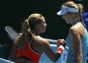 Tennis - Australian Open - Melbourne Park, Melbourne, Australia - 21/1/17 Russia's Ekaterina Makarova shakes hands after winning her Women's singles third round match against Slovakia's Dominika Cibulkova. REUTERS/Thomas Peter