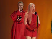 Kim Petras, right, and Sam Smith accept the award for best pop duo/group performance for "Unholy" at the 65th annual Grammy Awards on Sunday, Feb. 5, 2023, in Los Angeles. (AP Photo/Chris Pizzello)