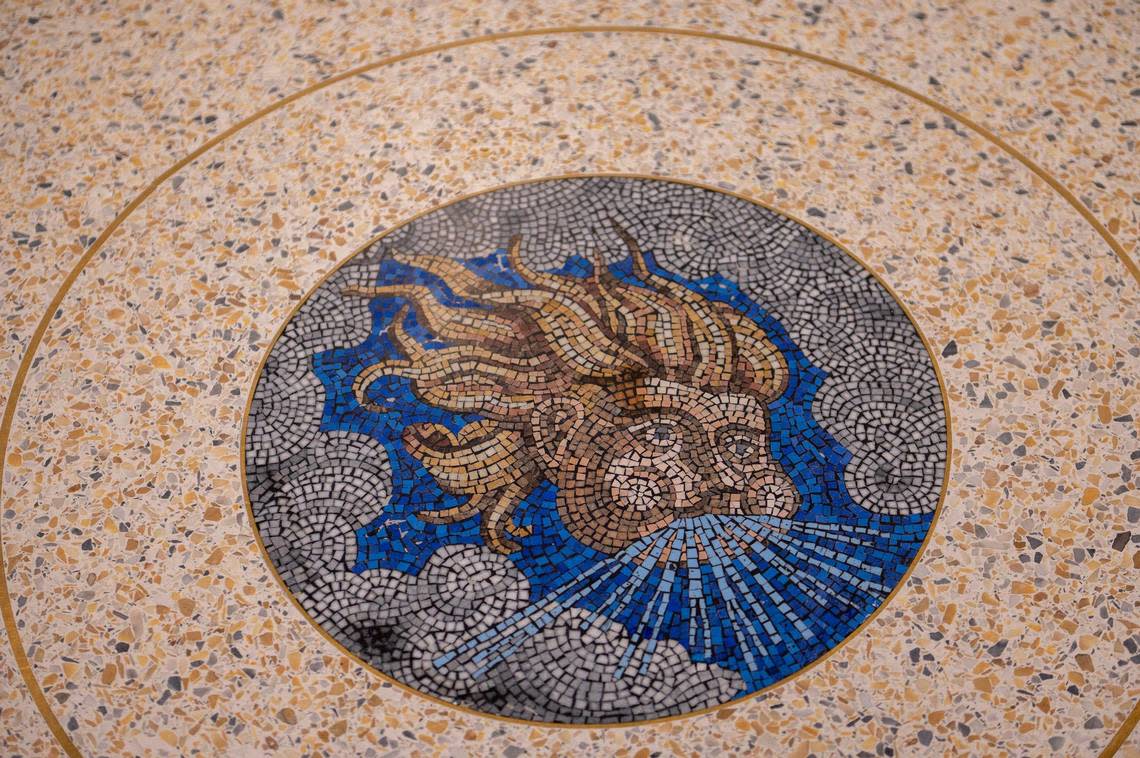 A mosaic is displayed on floors at Kansas City International Airport on Tuesday. The mosaic was harvested from parts of the old terminal floor at Kansas City International Airport.