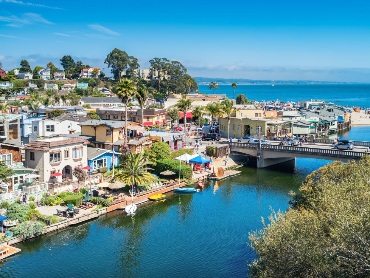 An aerial view of Capitola, a seaside town in Santa Cruz, California.