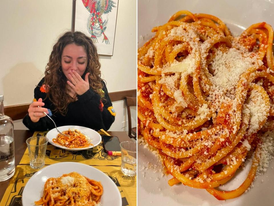 Girl laughing while eating a plate of red pasta (L) and close up shot of red pasta with grated cheese (R)