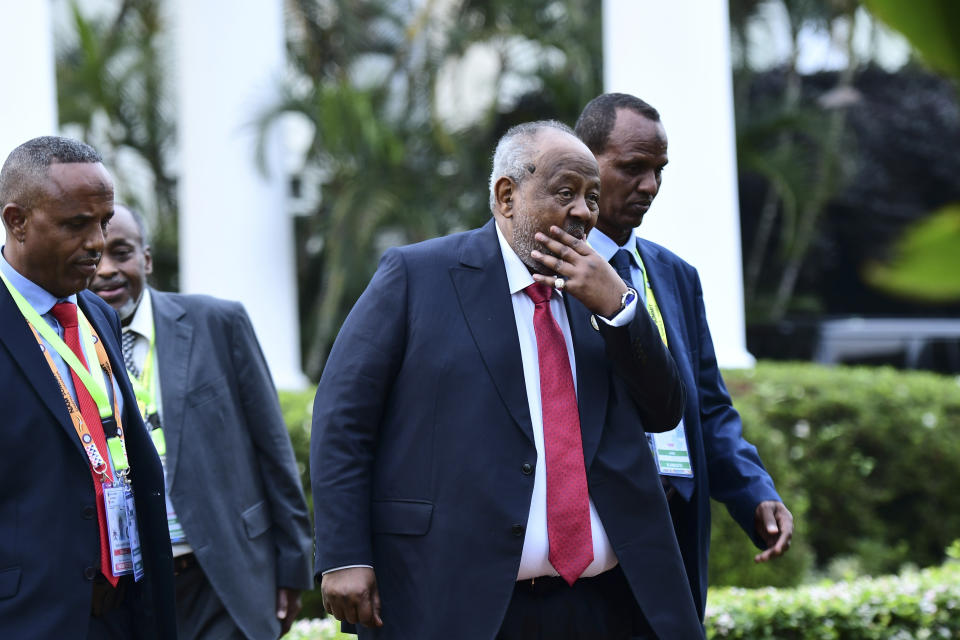 Djibouti President, Ismail Omar Guelleh, centre, attends the IGAD summit in State House, in Entebbe, Uganda, Thursday, Jan. 18, 2024. Intergovernmental Authority on Development (IGAD) member states arrived in Uganda to discuss tension between Ethiopia, Somalia and fighting in Sudan. (AP Photo/Patrick Onen)