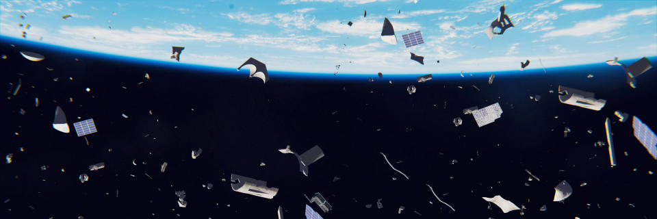 artist's interpretation of space trash objects circling planet Earth, banner format