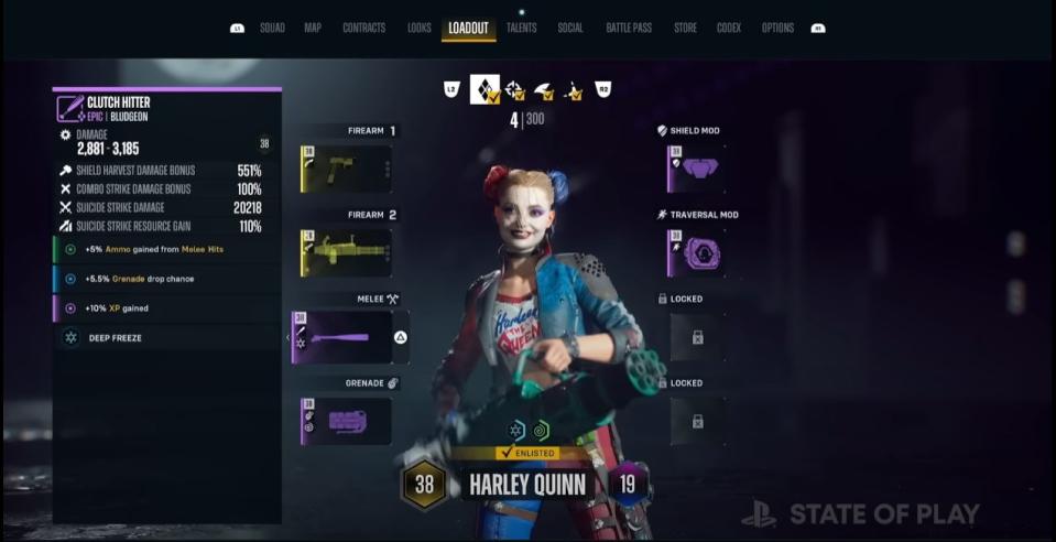 A menu screen from Suicide Squad: Kill the Justice League, with loads of weapon stats displayed.