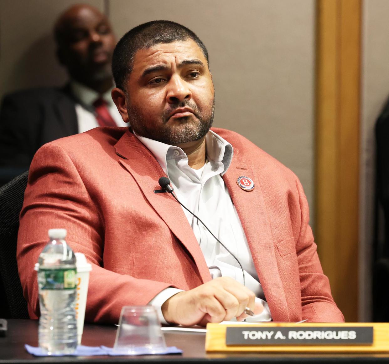 School committee member Tony Rodrigues listens during a special Brockton School Committee meeting at the Arnone School on Wednesday, Jan. 31, 2024, about safety and security.