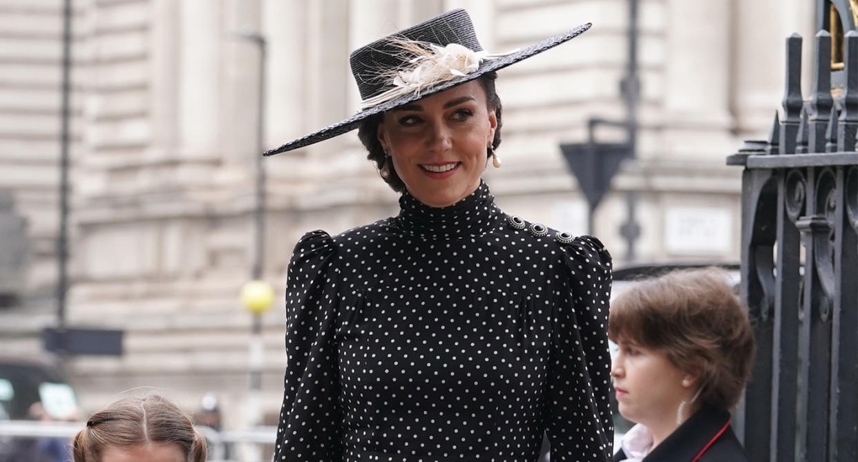 The Duchess of Cambridge arrived at Westminster Abbey for Prince Philips memorial service wearing a polka dot dress. (Getty Images)