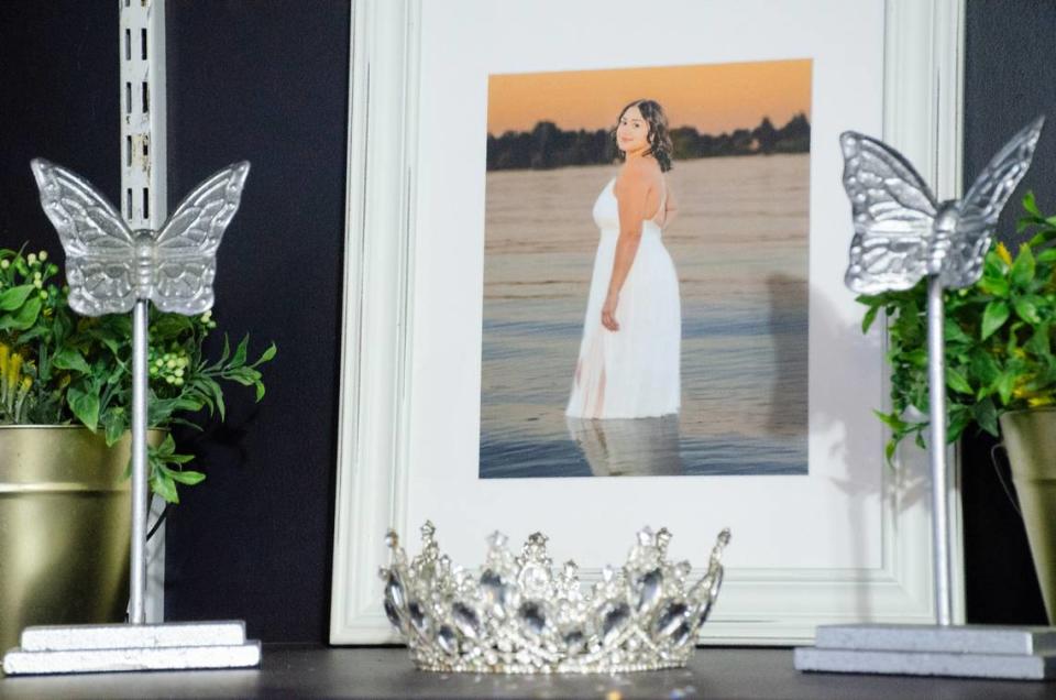 A commemorative display in the Reyes family’s Kennewick home includes the tiara Maria Moreno-Reyes wore during her sweet 16 birthday party. “She was just a bright star everywhere she went,” her father said.