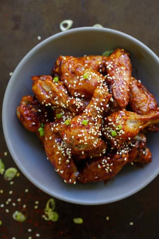 <p>Rasa Malaysia</p><p>Spicy Korean chicken wings - crazy addictive baked Korean chicken wings with sweet and savory Korean red pepper sauce. Finger lickin' good!</p><p><strong>Get the recipe: <a href="https://rasamalaysia.com/spicy-korean-chicken-wings/" rel="nofollow noopener" target="_blank" data-ylk="slk:Spicy Korean Chicken Wings;elm:context_link;itc:0;sec:content-canvas" class="link ">Spicy Korean Chicken Wings</a></strong></p>