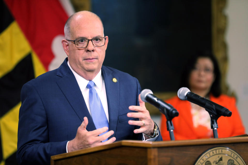 Maryland Gov. Larry Hogan speaks during a news conference, Thursday, Aug. 5, 2021, in Annapolis, Md. Advocates for redistricting reform hope informal citizens commissions created in a number of states can draw public attention to partisan gerrymandering and its consequences. While the commissions have no official role, their supporters hope to use them to pressure the real map-makers to temper their political inclinations. Faced with legislatures controlled by opposing political parties, Hogan has formed citizens commissions to make recommendations to lawmakers responsible for redistricting. (AP Photo/Brian Witte)